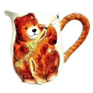 Brown Bear Kitchen Pitcher with Fishing Pole Stoneware Rope Handle Rod Reel Gift